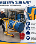 Heavy Duty Drum Lifter Cart Cranks Up To 660 Lbs And Tilts For Easy Pouring Of Steel Or Plastic Barrels With Safe One Man Lift Action At The Factory in use.