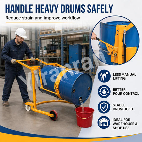 Heavy Duty Drum Lifter Cart Cranks Up To 660 Lbs And Tilts For Easy Pouring Of Steel Or Plastic Barrels With Safe One Man Lift Action At The Factory in use.