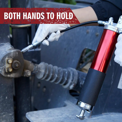 Using Heavy Duty 14 Oz Pistol Grip Grease Gun Kit With 7000 Psi Two Hoses Pro Grade Reinforced Coupler on machinery part