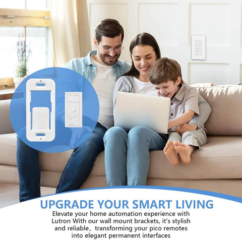 Family using laptop with Pico Remote Wall Plate Brackets 4 Pack Snap In Installation shown in overlay illustration
