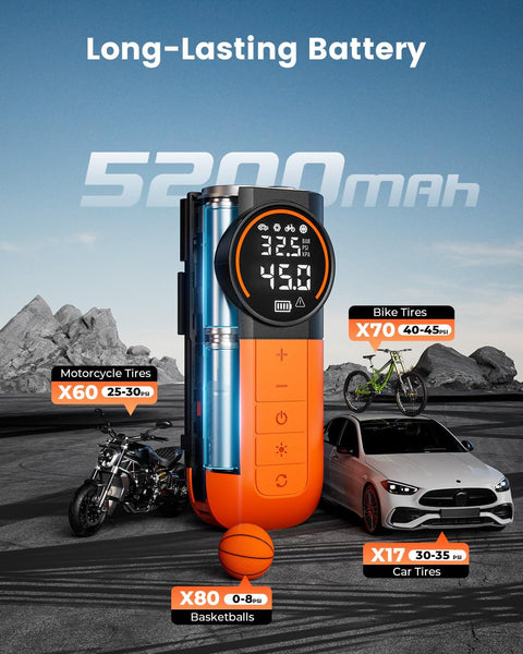 S1 Tire Inflator Portable Air Compressor Cordless Pump With LED Light And Digital Gauge 160 PSI for cars, bikes, orange