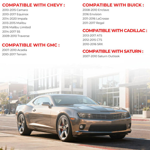 Gas Cap Replacement For 2007 To 2020 GM Cars And SUVs Including Camaro Equinox Impala Malibu Acadia Terrain ATS CTS SRX LaCrosse Regal Enclave Outlook GT329 22944177 - car compatibility chart displayed with an image of a Camaro.