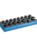 Stubby Impact Socket Set Three Eighth Inch Drive Short Length For Tight Spaces on blue holder, metric sockets visible.