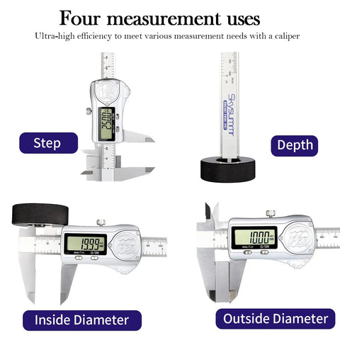 IP67 Waterproof Electronic Vernier Digital Caliper Measuring Tool Stainless Steel 0 To 6 Inch 150mm With Large LCD Screen demonstrating four measurement uses