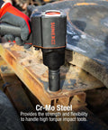 Person using a power tool with Beefy 14 Piece Deep Impact Socket Set For Three Quarter To One And Five Eighths Inch Drive in SAE CrMo Alloy Steel.