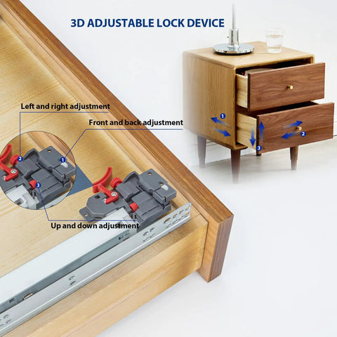 Heavy Duty Undermount Drawer Slides 21 Inch Soft Close Cabinet Runners With Silent Hydraulic Damping and features 3D adjustable lock device.