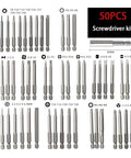 Premium 50 Pc Magnetic Screwdriver Bit Set With Extra Long 75mm Security Heads Includes Torx Star Hex And Spline Bits For Heavy Duty Jobs In A Tough Rugged Carrying Box Perfect For Any Garage Or DIY Project Ready To Handle Any Tough Screws. 50-piece bit set layout