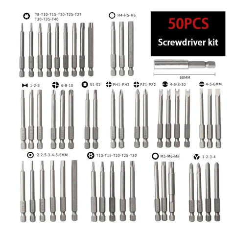 Premium 50 Pc Magnetic Screwdriver Bit Set With Extra Long 75mm Security Heads Includes Torx Star Hex And Spline Bits For Heavy Duty Jobs In A Tough Rugged Carrying Box Perfect For Any Garage Or DIY Project Ready To Handle Any Tough Screws. 50-piece bit set layout