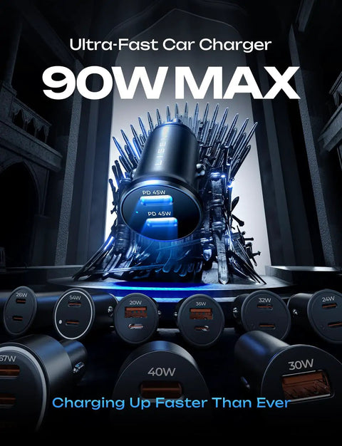 Dual USB C Car Charger 90W Fast Charge With 45W Per Port shown on a throne with multiple port options.