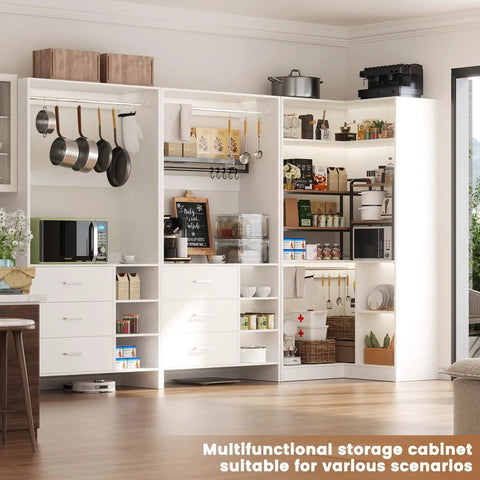 Legit Heavy Duty L Shaped Closet System With Six Roomy Drawers Plus Four Sturdy Hanging Rods Corner Tower Module For Walk In Wardrobe Setup Hassle Free Modular Storage Rack In Crisp White, showcasing multifunctional kitchen storage.