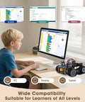 All Terrain Robot Tank Kit For Kids Ages 8 To 12 Arduino Scratch And Python Compatible STEM Toy With Rugged Tracks Remote App Control Learn Coding Hands On Cool Birthday Gift For Boys Girls And Adults boy using Scratch with robot tank on desk