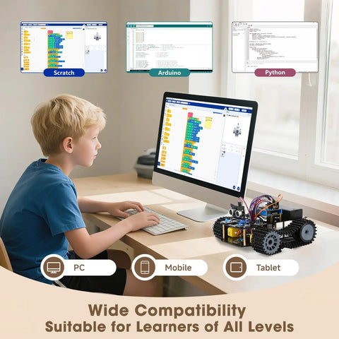 All Terrain Robot Tank Kit For Kids Ages 8 To 12 Arduino Scratch And Python Compatible STEM Toy With Rugged Tracks Remote App Control Learn Coding Hands On Cool Birthday Gift For Boys Girls And Adults boy using Scratch with robot tank on desk