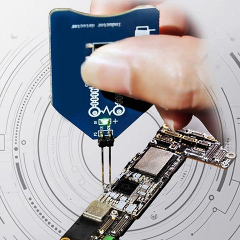 Using Go-To One Button Coil Tester For Motherboards And Power Supplies With Electromagnetic Induction Tech Inductor Detector For Quick Fault Diagnosis On PCBs Clear Green Light For Good Coils No Light For Faulty Inductors PCB Repair Tool on PCB.