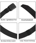 Collage of 6 Pack Nylon Belts For Men And Women With Plastic Buckles highlighting metal-free buckle, breathable material, and features 125 cm length.