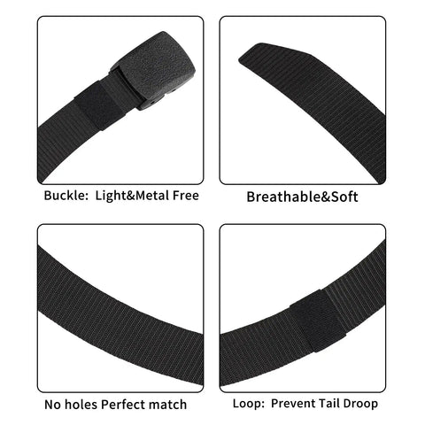 Collage of 6 Pack Nylon Belts For Men And Women With Plastic Buckles highlighting metal-free buckle, breathable material, and features 125 cm length.
