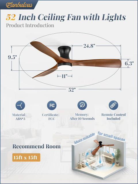 Diagram of 52 Inch Ceiling Fan With Lights Low Profile Flush Mount Remote Control And Timer Quiet 35dB 3CCT Reversible ABS Blade.
