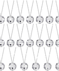 Set of 20 silver mirror disco ball necklaces on chains, hanging, perfect for 70s party decor and dance accessories.
