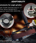 Heavy Duty Belt Sander Adapter For Angle Grinder With 15 Sanding Belts showing gear box size, spindle, and adapters for adaptability.