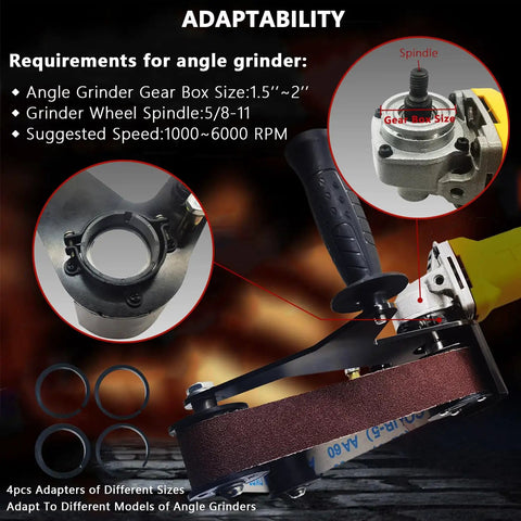 Heavy Duty Belt Sander Adapter For Angle Grinder With 15 Sanding Belts showing gear box size, spindle, and adapters for adaptability.