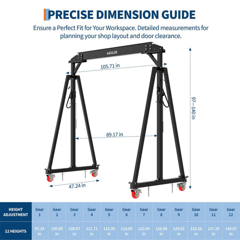 Heavy Duty Workhorse Gantry Crane 4400 Lbs Portable Garage Hoist Adjustable 97 To 141 Inches with dimension guide and height settings.