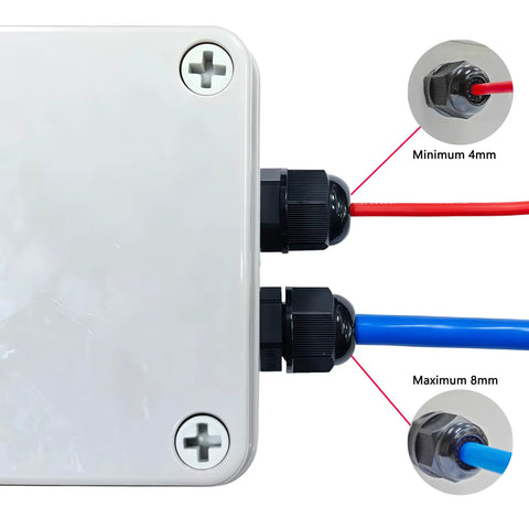 10 Pack Waterproof Cable Glands NPT 1/4 Thread 4-8mm Bulk Set Durable PA66 Strain Relief Cord Connectors installed in enclosure