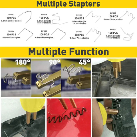 Plastic Welder Hot Stapler Kit With 800 Staples For Bumper Crack Repair showing various staple shapes and angle functions