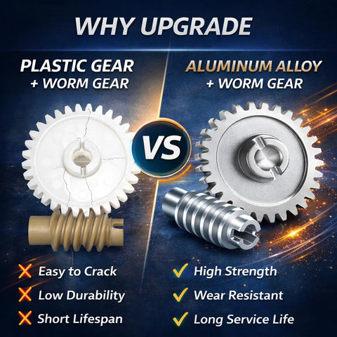 Comparison of plastic gear vs aluminum alloy gear for Beefed Up Gear And Sprocket Replacement Kit For LiftMaster Chamberlain Sears Craftsman
