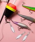 Spinner Blades With Ball Bearing And Spring Pins For Lure Making, Willow Tail Spinner Blades With Swivels, 30 Pcs Set, Durable Iron Construction, Pro Grade Build, Corrosion Resistant, Perfect Fish Attractor For Lure Building. fishing lures and spinner blades on pink background