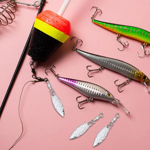 Spinner Blades With Ball Bearing And Spring Pins For Lure Making, Willow Tail Spinner Blades With Swivels, 30 Pcs Set, Durable Iron Construction, Pro Grade Build, Corrosion Resistant, Perfect Fish Attractor For Lure Building. fishing lures and spinner blades on pink background