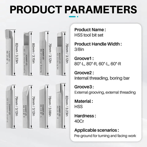 Eight Piece Lathe Tool Set With Three Eighths Inch Shank For Turning Boring Grooving And Threading includes measurements and material specifications