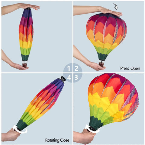 Two Pack Multicolor Hot Air Balloon Rainbow Wind Spinner Garden Decor For Outdoor Vibes, 59 Inches Tall By 12 Inches Wide, Nylon Build, UV And Weather Resistant, Fully Collapsible For Quick Setup And Easy Storage, Vibrant Yard Ornament. Image shows steps to open and close the wind spinner.