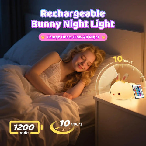 Child sleeping beside Bunny Squishy Night Light For Kids With Remote, 16 Colors And 5 Brightness Levels, soft silicone bunny lamp