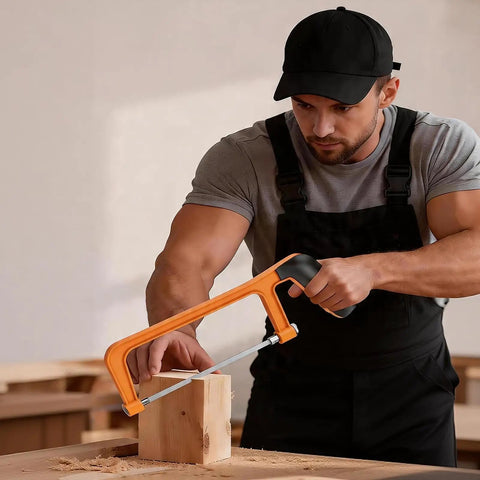 Man using hand saw from All In One 104 Piece Home Repair Tool Kit With Blow Case Ratchet Handle And Essential Hand Tools For Home Office And DIY Projects Portable Compact Organized Set on wood block.
