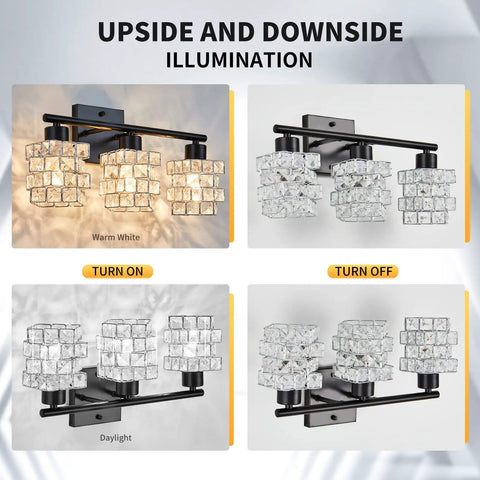 3 Light Crystal Bathroom Vanity Light Fixture Over Mirror Rotatable Matte Black Crystal Indoor Wall Lights Sink Mirror Foyer Chrome Glass Modern Lampshade in warm white and daylight modes, turned on and off
