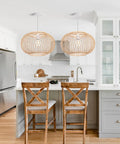 Round Bamboo Weave Pendant Light For Kitchen Island And Living Room, Coastal Boho Wicker Chandelier hanging over kitchen island