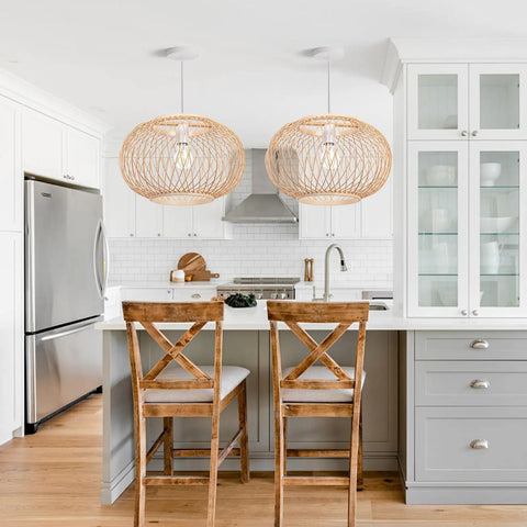 Round Bamboo Weave Pendant Light For Kitchen Island And Living Room, Coastal Boho Wicker Chandelier hanging over kitchen island