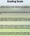 Image showing a grading scale for golf ball conditions, including Pristine, Mint, Factory Refinished, Near Mint, and Good categories.