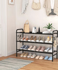 3 Tier Metal Shoe Rack Organizer 33 Inch Wide Built To Last Space Saving Shoe Storage With Four Side Hooks displayed in entryway
