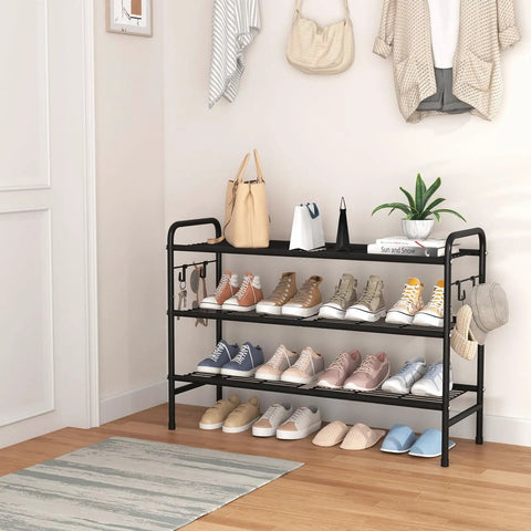 3 Tier Metal Shoe Rack Organizer 33 Inch Wide Built To Last Space Saving Shoe Storage With Four Side Hooks displayed in entryway