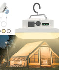 Hanging Camping Tent Light LED Rechargeable Portable Lantern Waterproof with hooks and USB charger near illuminated tent