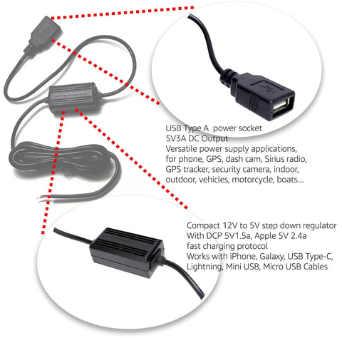 Rig Ready Hardwired Usb A Car Charger Cable Kit With Direct Wire Harness Powers Dash Cams And Gps Units 5V Automotive Connector with USB socket.