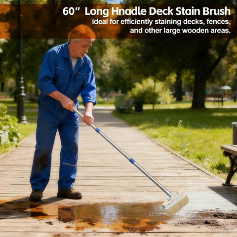 Person using Long Reach Deck Stain Brush With 60 Inch Handle And 7 Inch Wide Head for staining wooden deck outdoors.