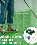 Person using Four Piece Nine Inch Spiked Roller Set For Self Leveling Concrete And Epoxy Floors with spike shoes and tools shown