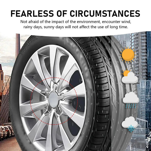 Four Piece Snap In Wheel Center Hub Caps With Slick Chrome Silver Finish And 60mm Outer Diameter displayed on a tire.