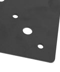 Close-up of heavy duty L shaped flat bracket mending plate black powder coated steel for furniture repair indoors outdoors 3mm thick