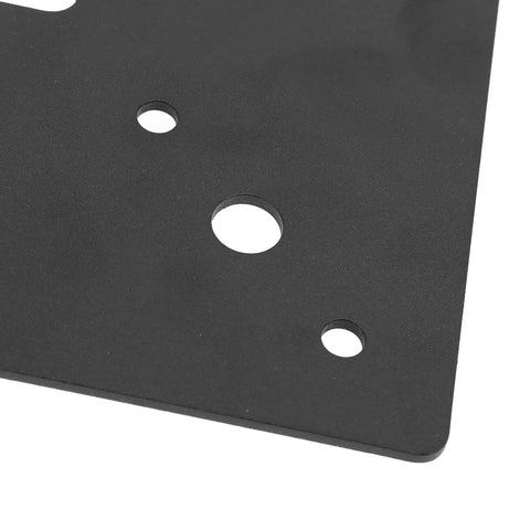 Close-up of heavy duty L shaped flat bracket mending plate black powder coated steel for furniture repair indoors outdoors 3mm thick