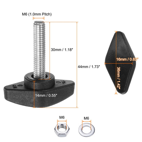 Rock Solid 8 Pack M6 Metric Tee Wing Thumb Screws With Black Plastic Handles showing size and dimensions, includes nuts and washers.