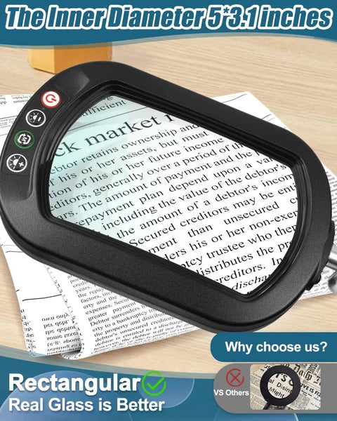 12X Rectangular Magnifier With Light And Stand Large 2 By 16 Inch Swivel Arm LED Desk Lamp on text page