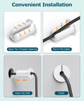 Installation steps for Four Pack White Wall Grommets For Starlink Cable Routing Kit, showing threading and wall insertion process.