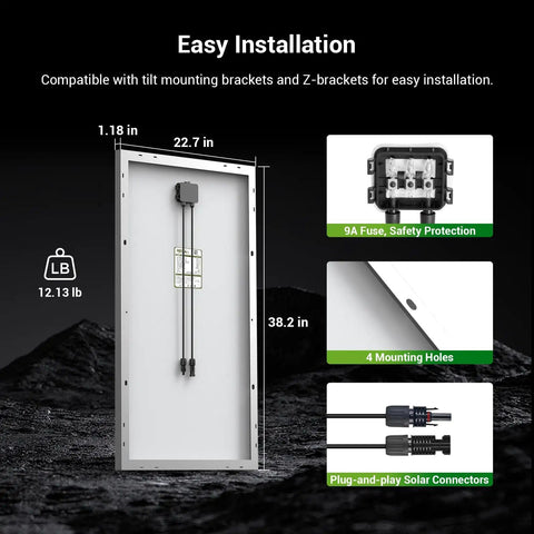 Rear view of 100W 12V Monocrystalline Solar Panel With Solar Connectors For Battery Charging On Boats, RVs, Caravans And Off Grid Adventures showing dimensions and features.